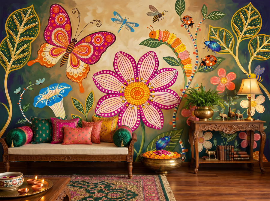 Gond Garden scenic wallpaper mural on the feature wall of an eclectic cloakroom, in a soft grey palette — The Wall Shawl.