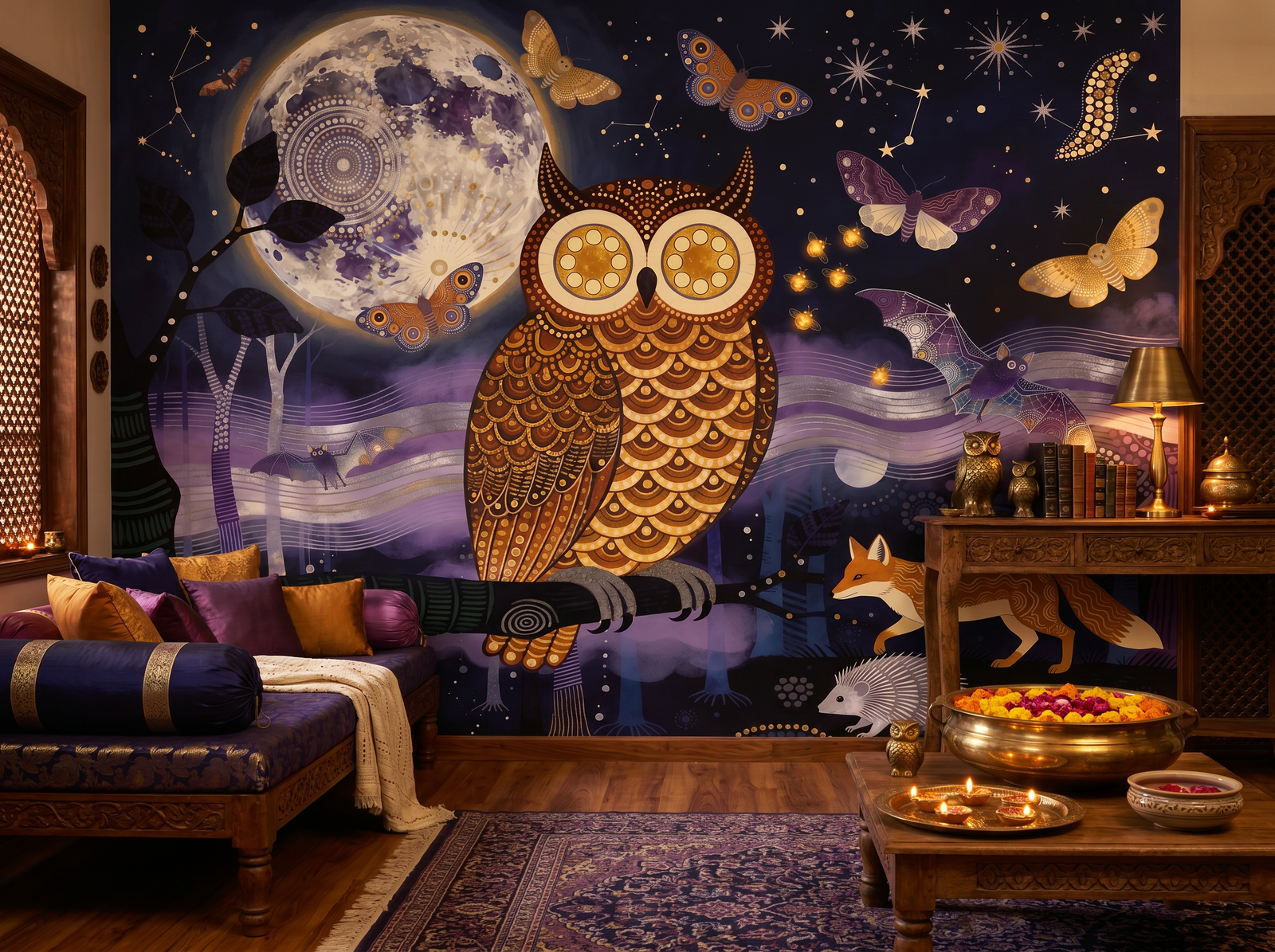 Gond Night scenic wallpaper mural on the feature wall of an eclectic bedroom, in a moody black-and-charcoal palette — The Wall Shawl.