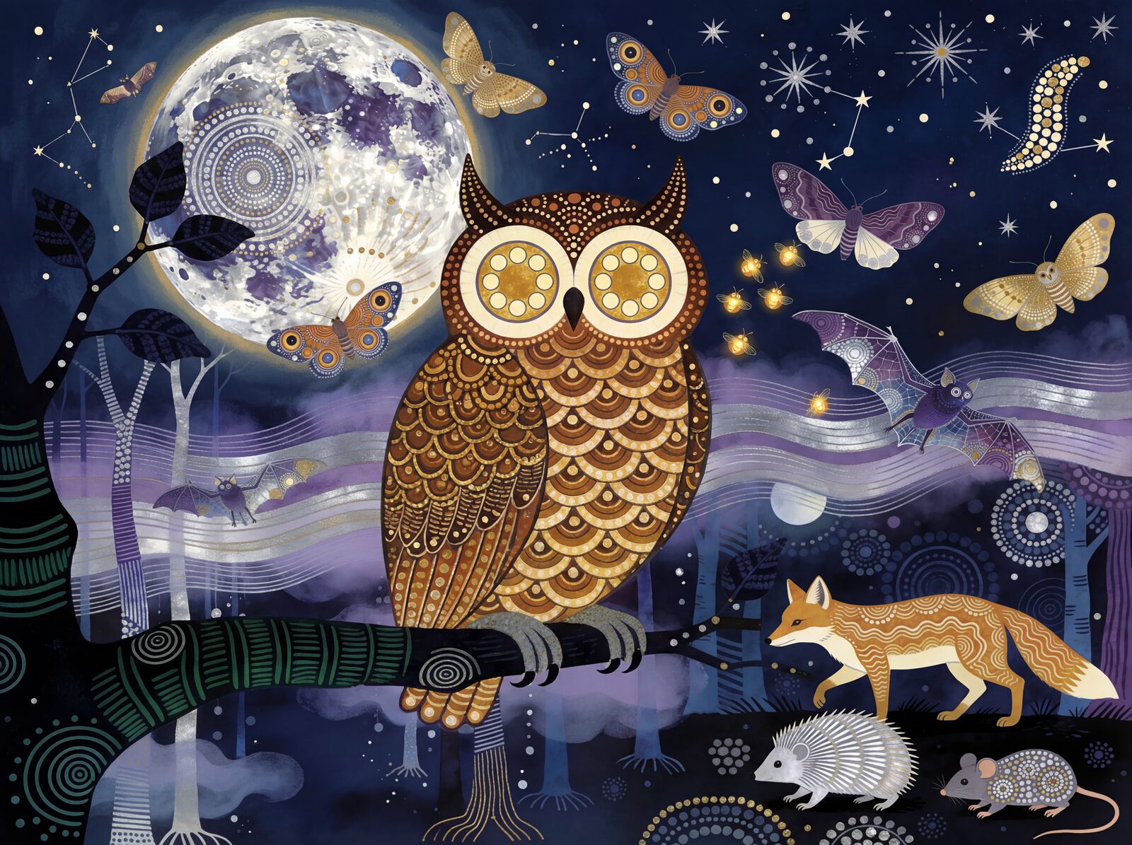Experience the magic of a Gond night forest. Deep blues, purples, and silvers define this watchful, enchanted scene. Made to order.