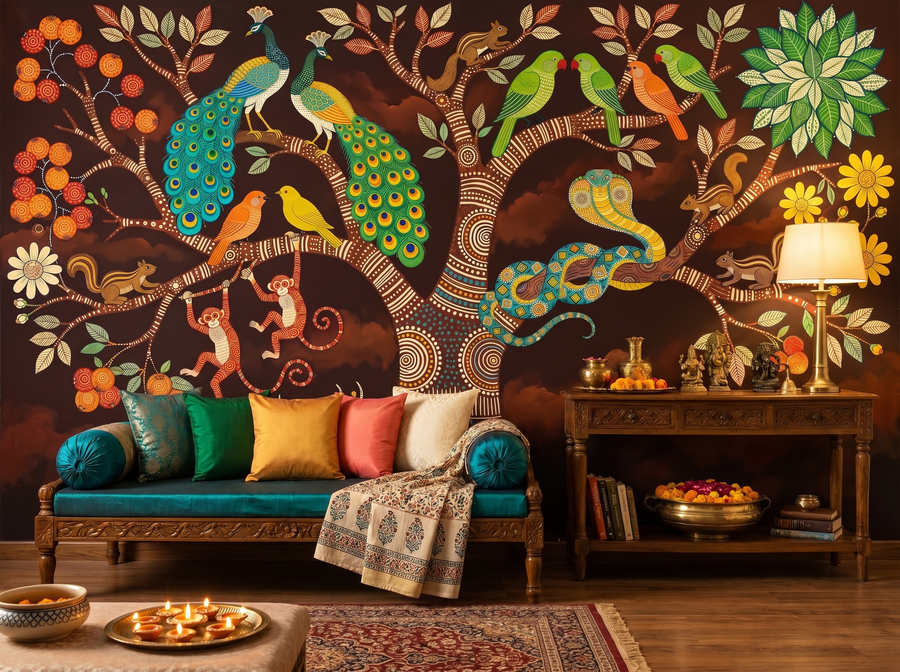 Gond Tree of Life scenic wallpaper mural on the feature wall of an eclectic living room, in a warm orange palette — The Wall Shawl.