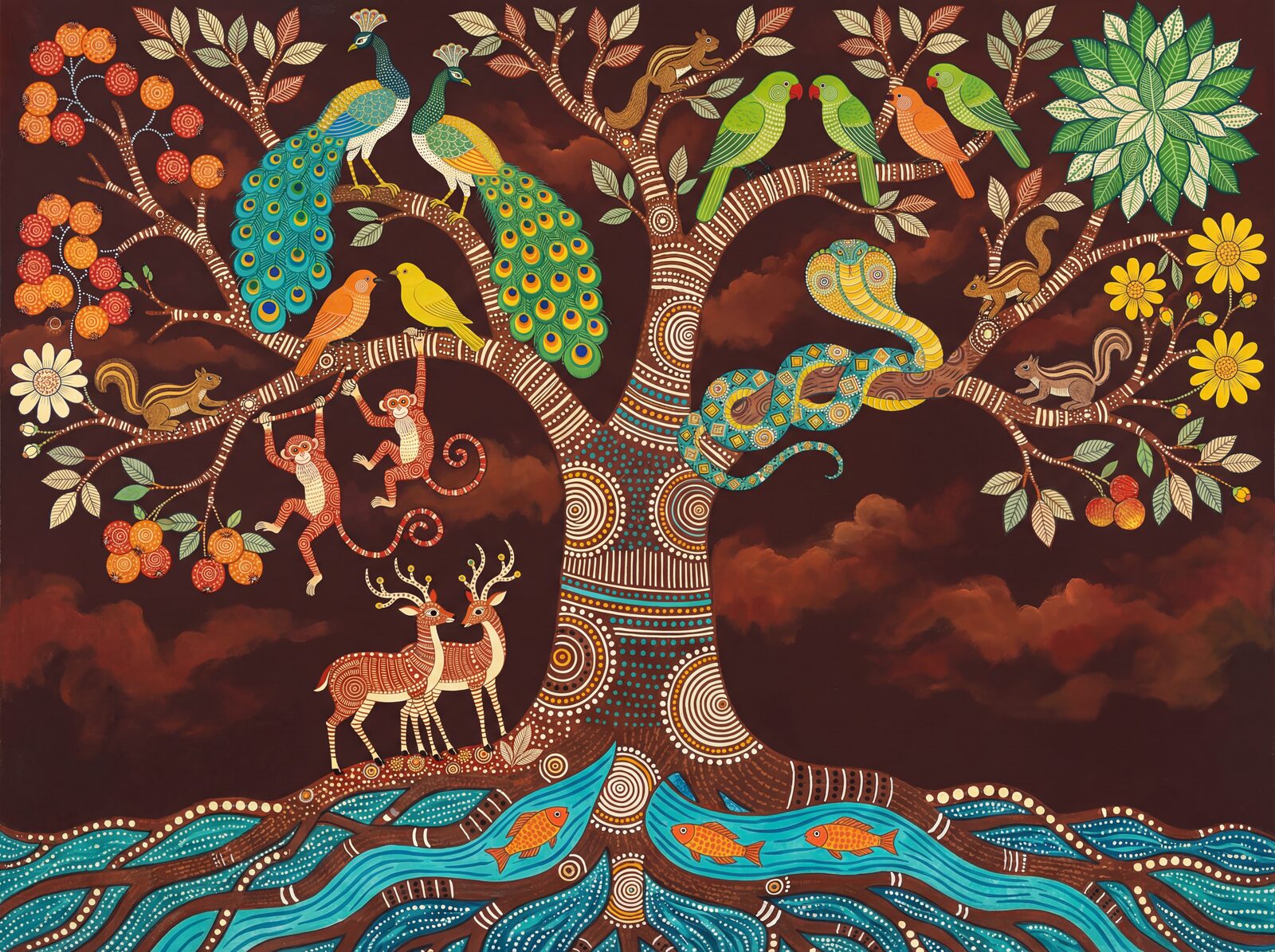 Experience the vibrant Gond Tree of Life mural with deep blues, vivid oranges, and rich greens. Made to order for your space.