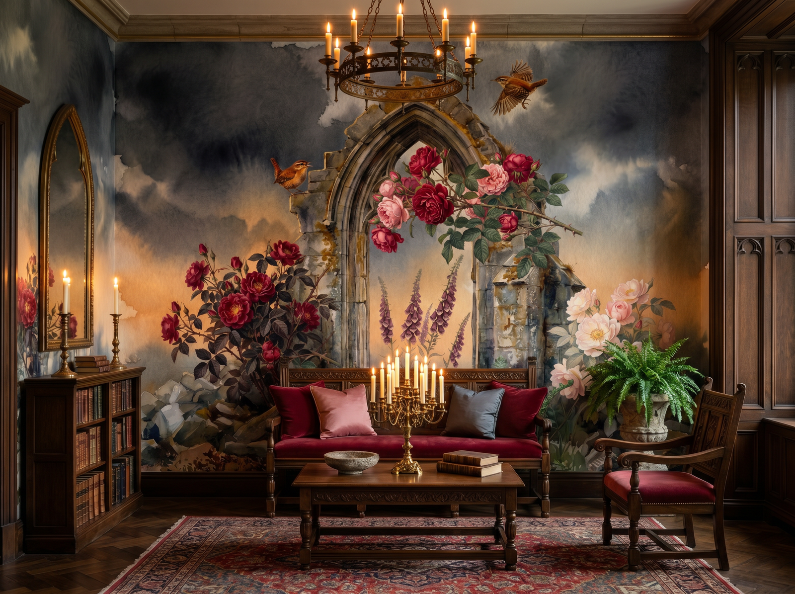 Gothic Arch Garden scenic wallpaper mural on the feature wall of an English-country dining room, in a soft grey palette — The Wall Shawl.