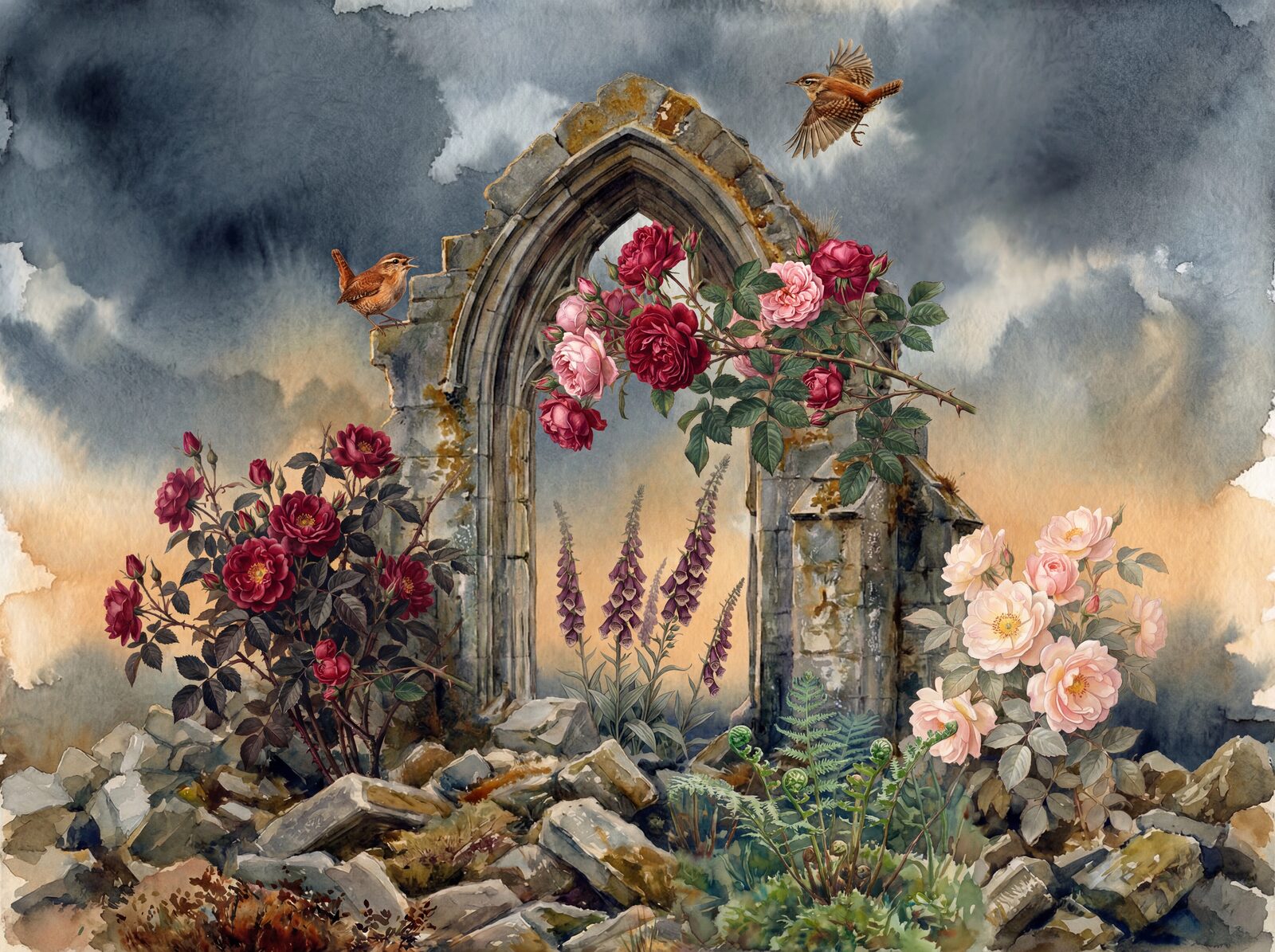 Ruined Gothic arch with roses, ivy, and foxgloves. Palette: Storm Limestone, Deep Crimson Rose, Blush Petal. Made to order.
