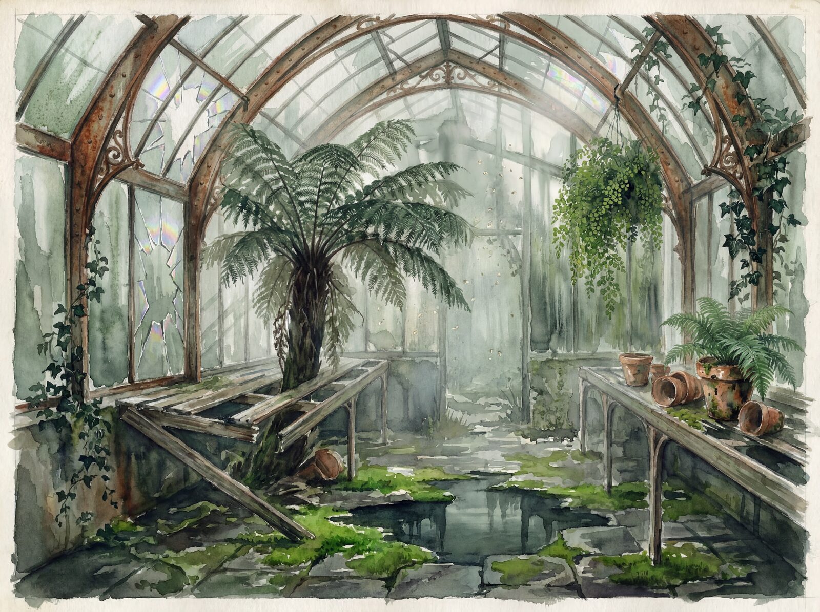 Abandoned Victorian glasshouse mural with Greenhouse Shadow, Fern Emerald, and Rust Iron palette. Made to order.