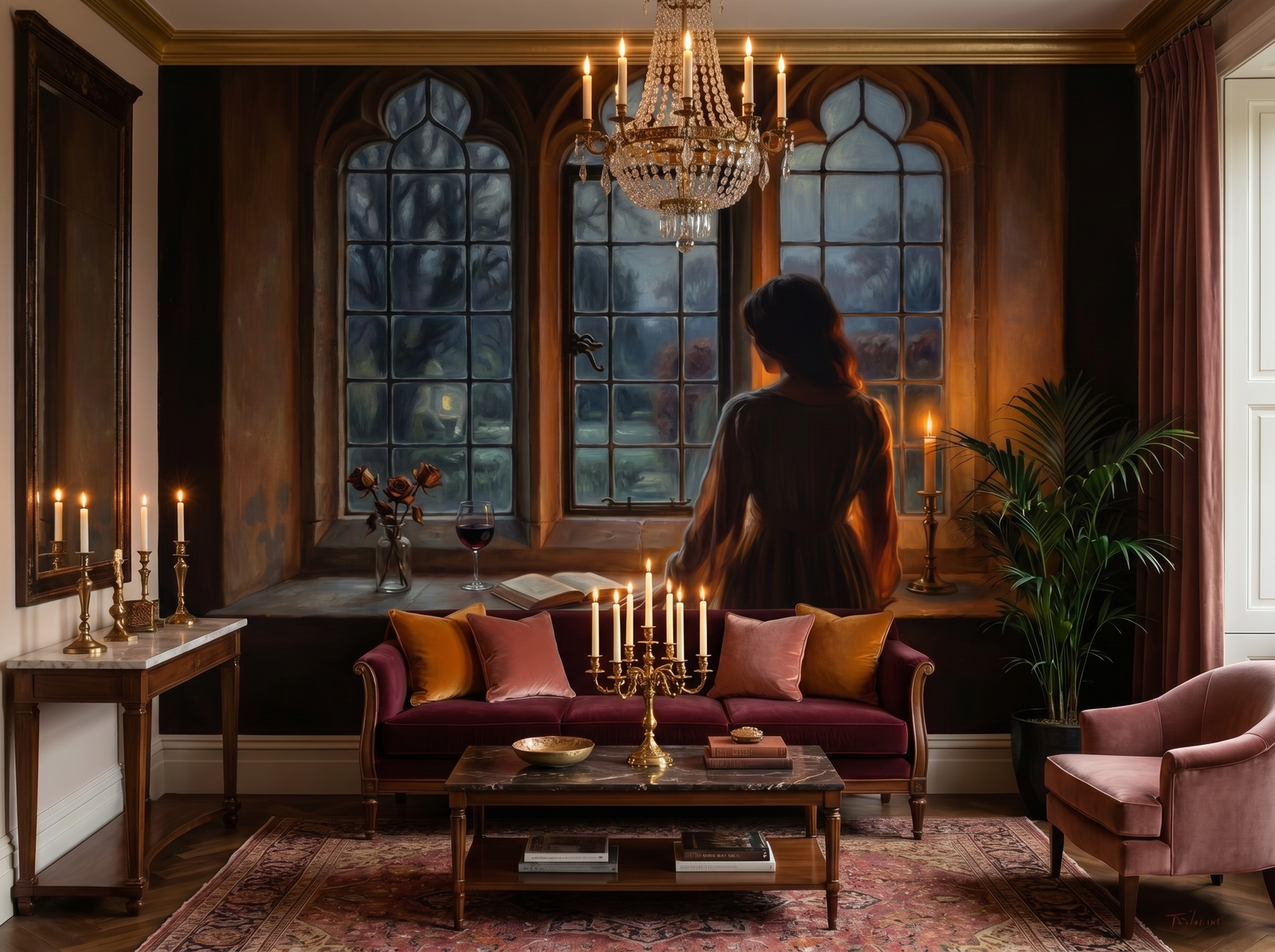Gothic Romance scenic wallpaper mural on the feature wall of a dark-academia bedroom, in a moody black-and-charcoal palette — The Wall Shawl.