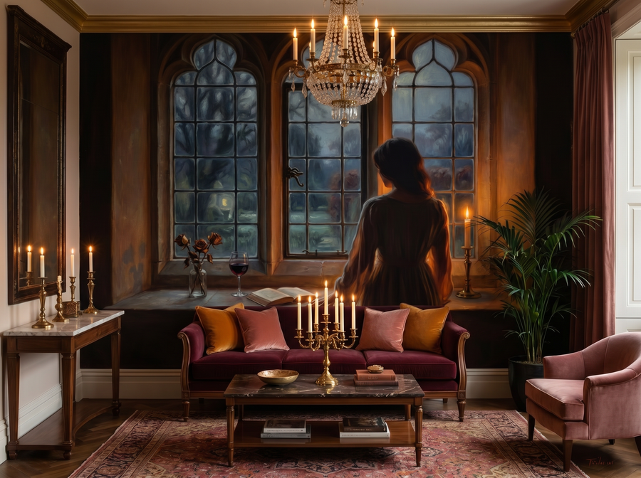 Gothic Romance scenic wallpaper mural on the feature wall of a dark-academia bedroom, in a moody black-and-charcoal palette — The Wall Shawl.