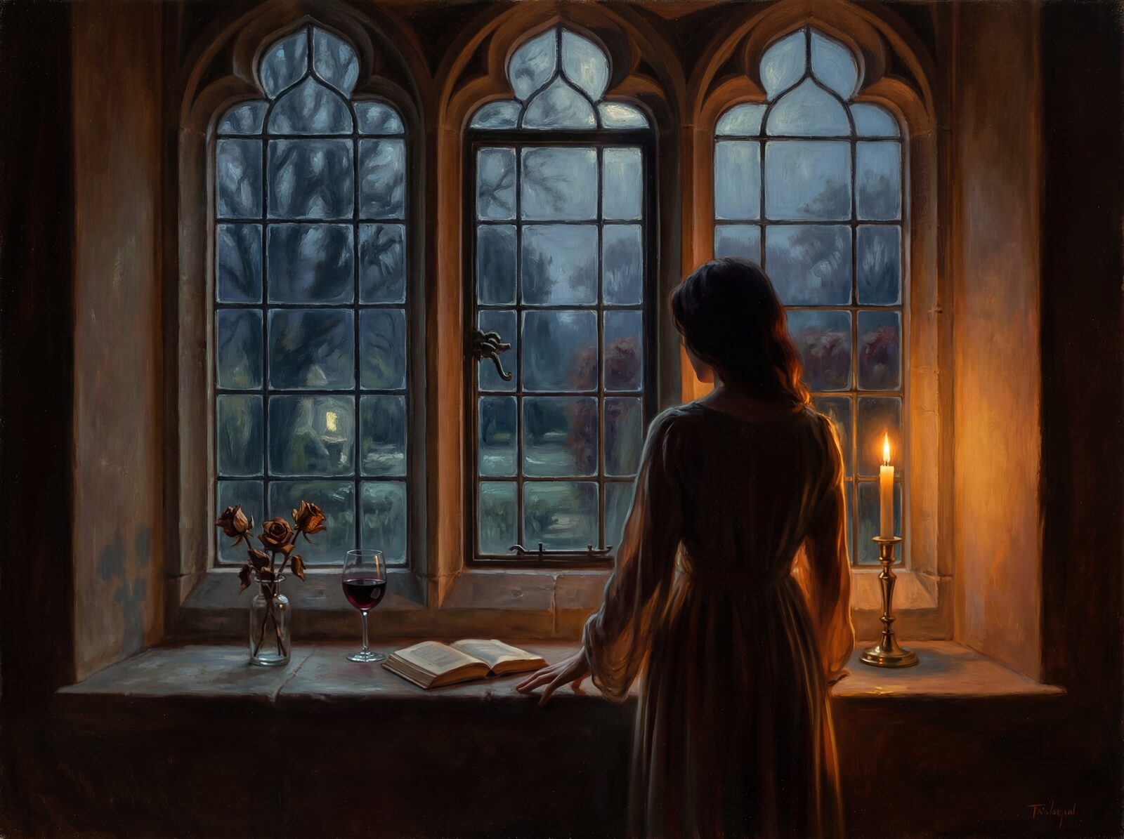 Romantic scenic mural with dark, warm palette. Made to order.