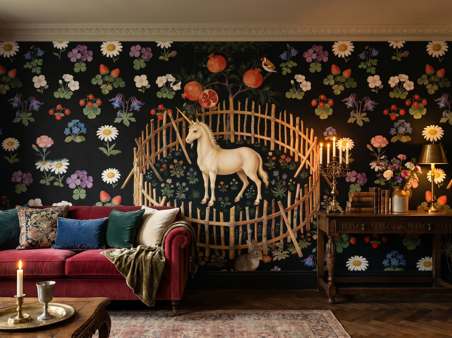 Gothic Tapestry scenic wallpaper mural on the feature wall of a dark-academia bedroom, in a rich red-and-burgundy palette — The Wall Shawl.