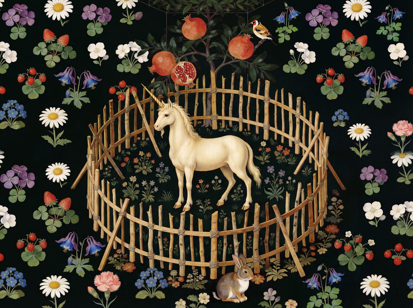 Step into a sacred, still scene with our Gothic Tapestry mural. Featuring a numinous unicorn amidst a dark millefleur ground. Made to order.
