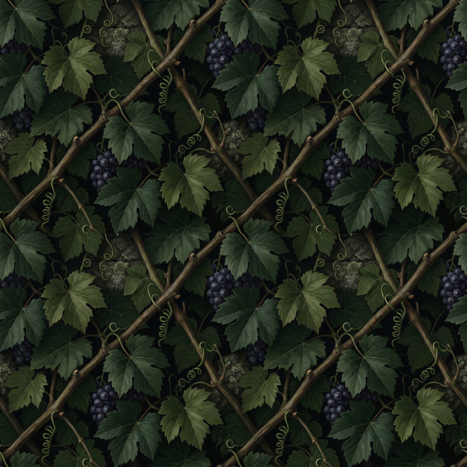 Immerse yourself in ancient persistence with Gothic Vine. A cool near-black ground, deep greens, and dusty purple grapes. Made to order.