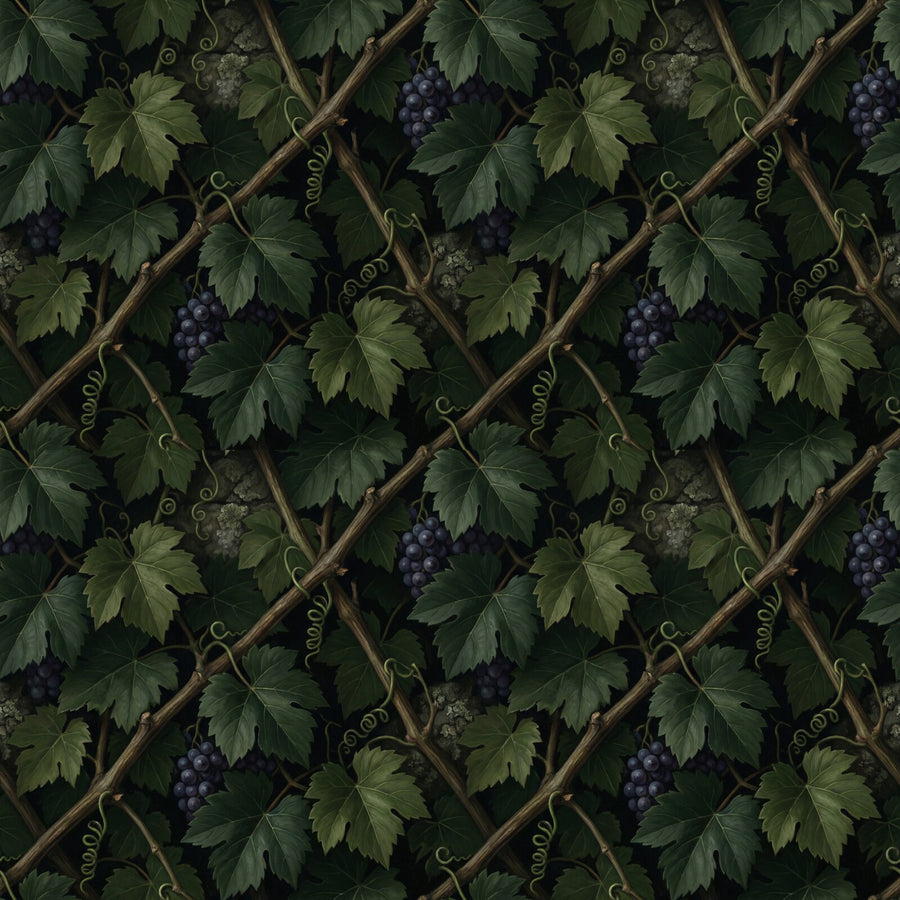 Immerse yourself in ancient persistence with Gothic Vine. A cool near-black ground, deep greens, and dusty purple grapes. Made to order.