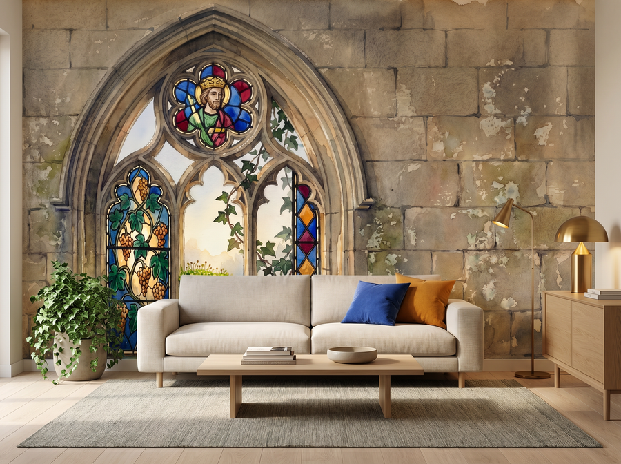 Gothic Window scenic wallpaper mural on the feature wall of a dark-academia bedroom, in a moody black-and-charcoal palette — The Wall Shawl.