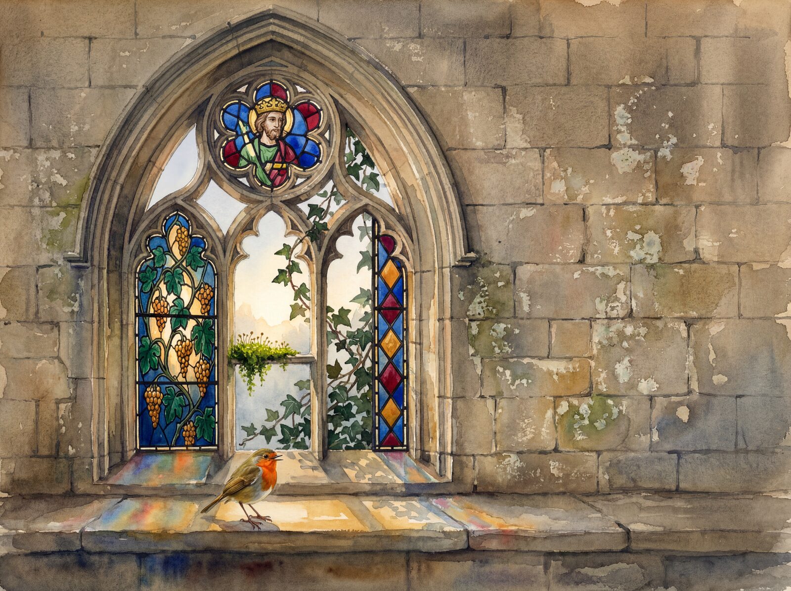 Scenic mural wallpaper featuring a Gothic window with stained glass fragments in Medieval Blue, Medieval Ruby, and Glass Gold. Made to order.