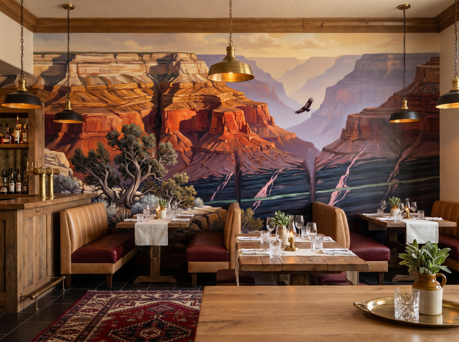 Grand Canyon Layers scenic wallpaper mural on the feature wall of a modern-rustic living room, in a warm orange palette — The Wall Shawl.