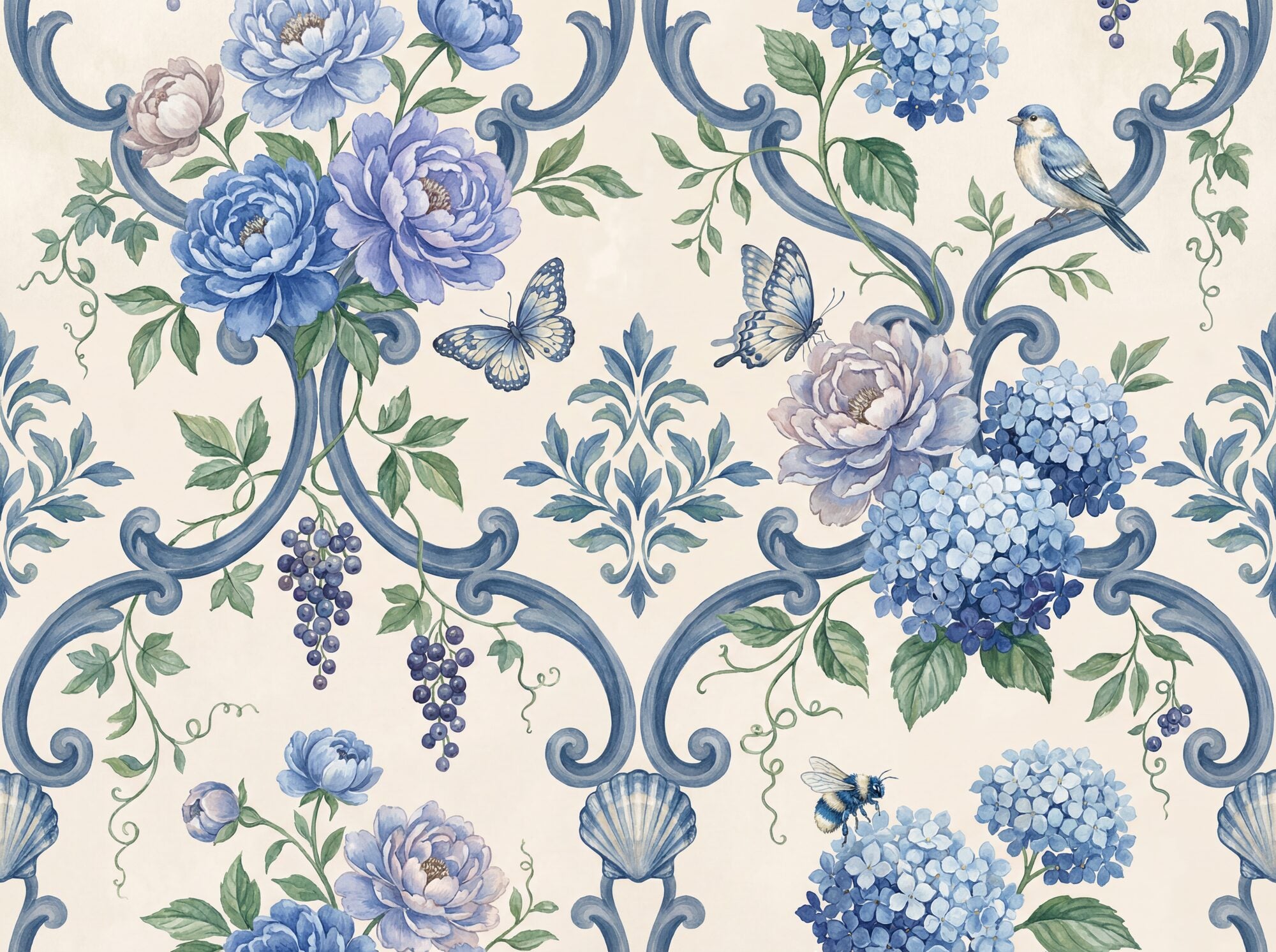 Grandmillennial garden damask mural wallpaper — heritage blue peonies, hydrangeas, butterflies and a small perching bird within classical scroll frames on a warm cream ground