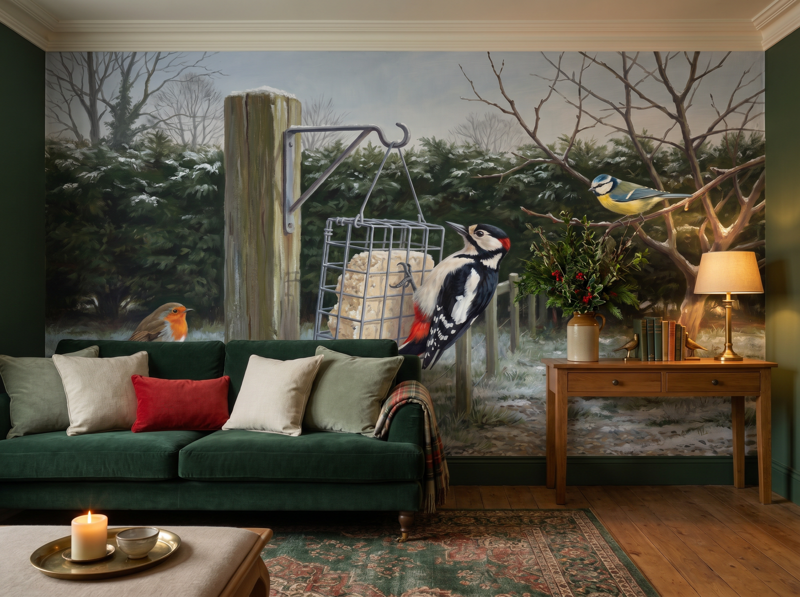 Great Spotted Woodpecker scenic wallpaper mural on the feature wall of an English-country kitchen, in a golden yellow-and-ochre palette — The Wall Shawl.