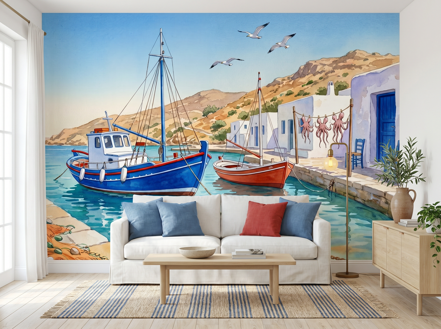Greek Harbour scenic wallpaper mural on the feature wall of a Mediterranean kitchen, in a cool blue palette — The Wall Shawl.