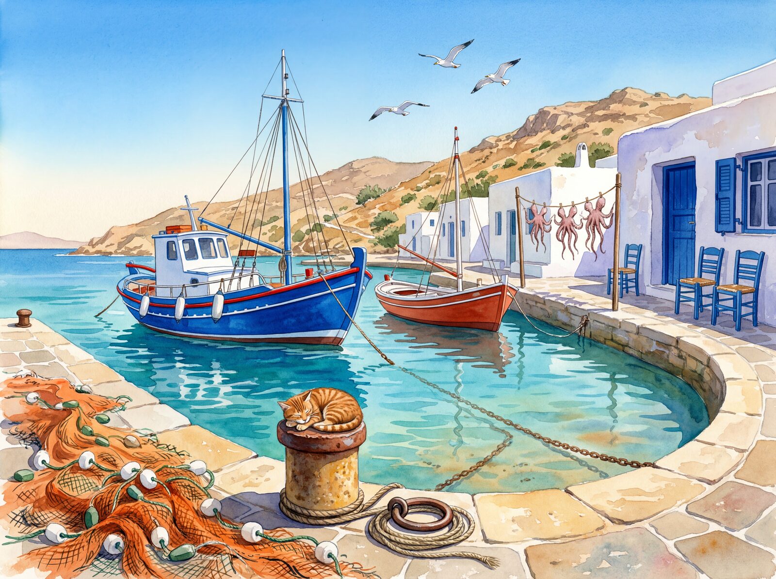 Scenic mural wallpaper featuring a Greek harbour with Harbour Turquoise, Boat Blue, and Net Orange. Made to order.