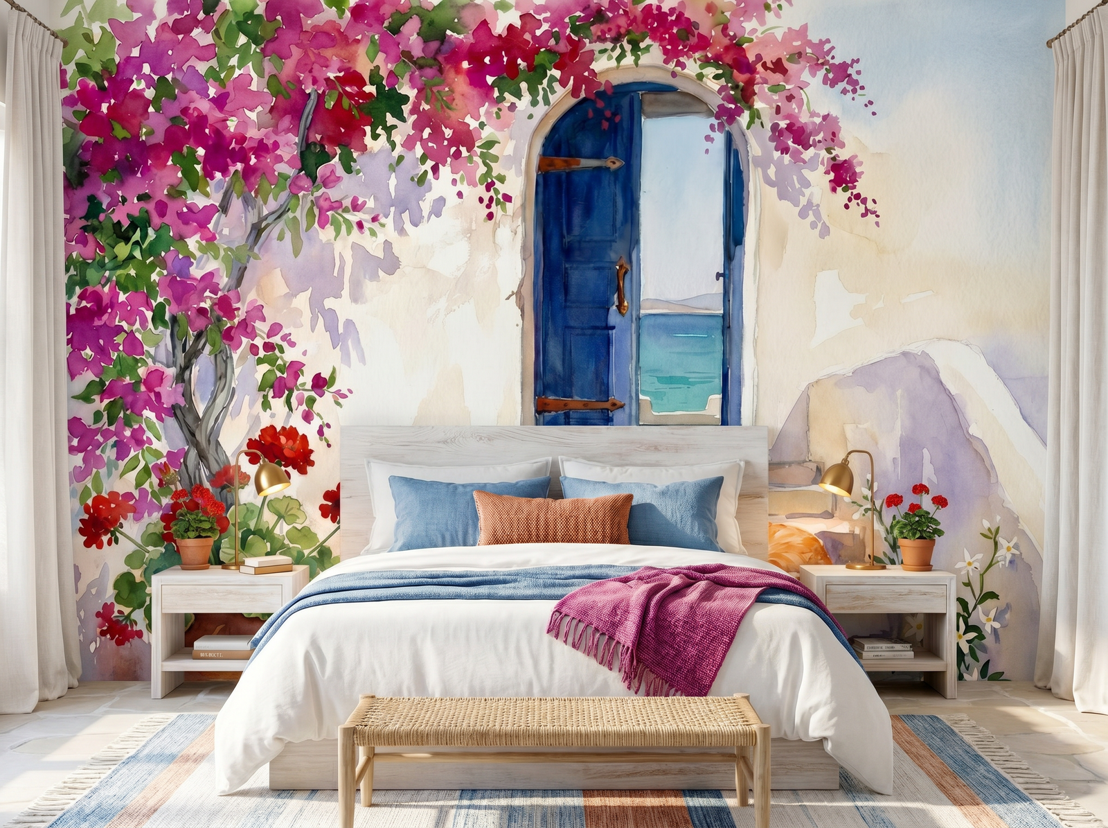 Greek Island Steps scenic wallpaper mural on the feature wall of a Mediterranean entrance hall, in a crisp white palette — The Wall Shawl.