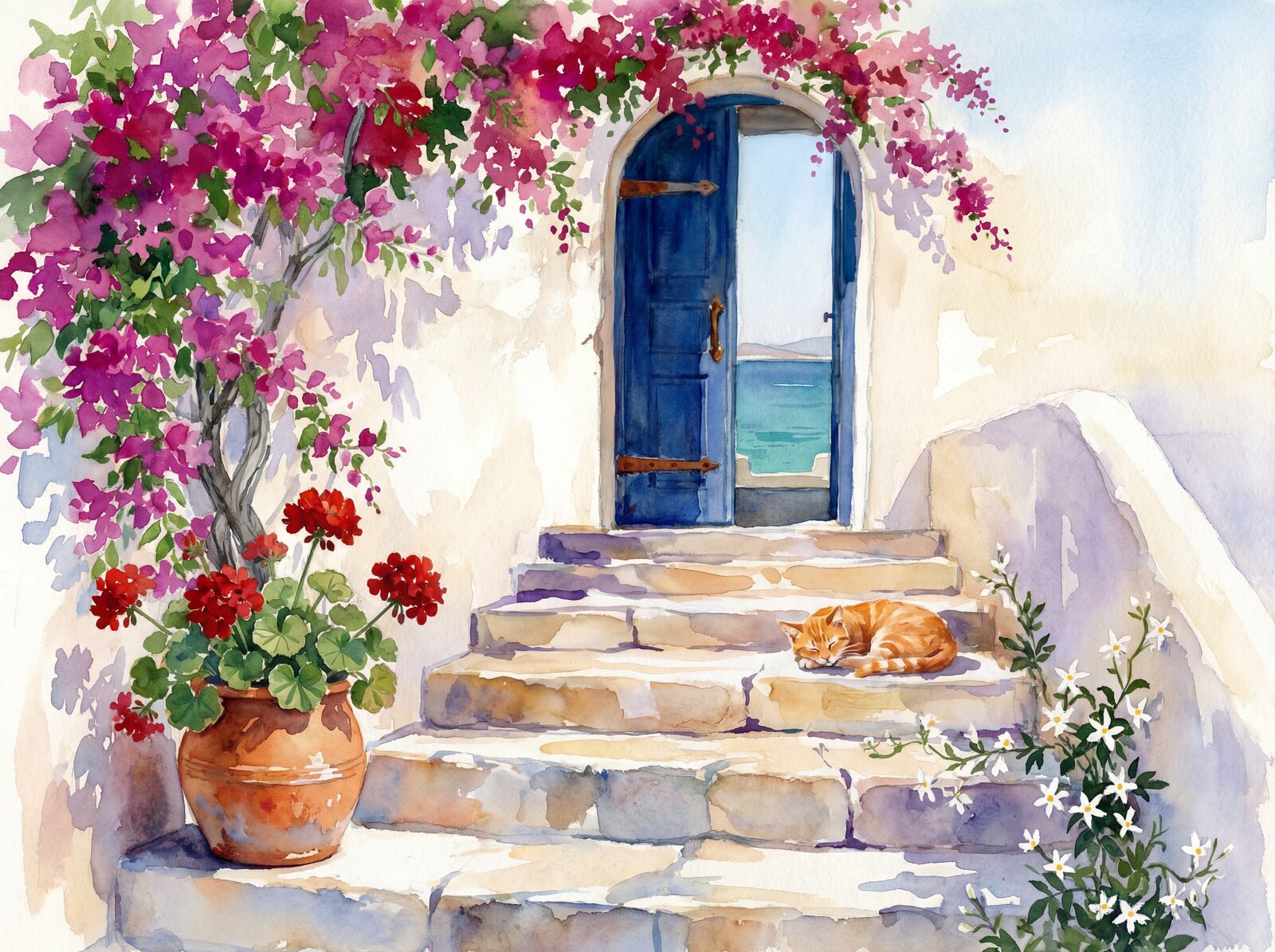 Whitewashed village scene with blue door, bougainvillea, and warm stone accents. Made to order.