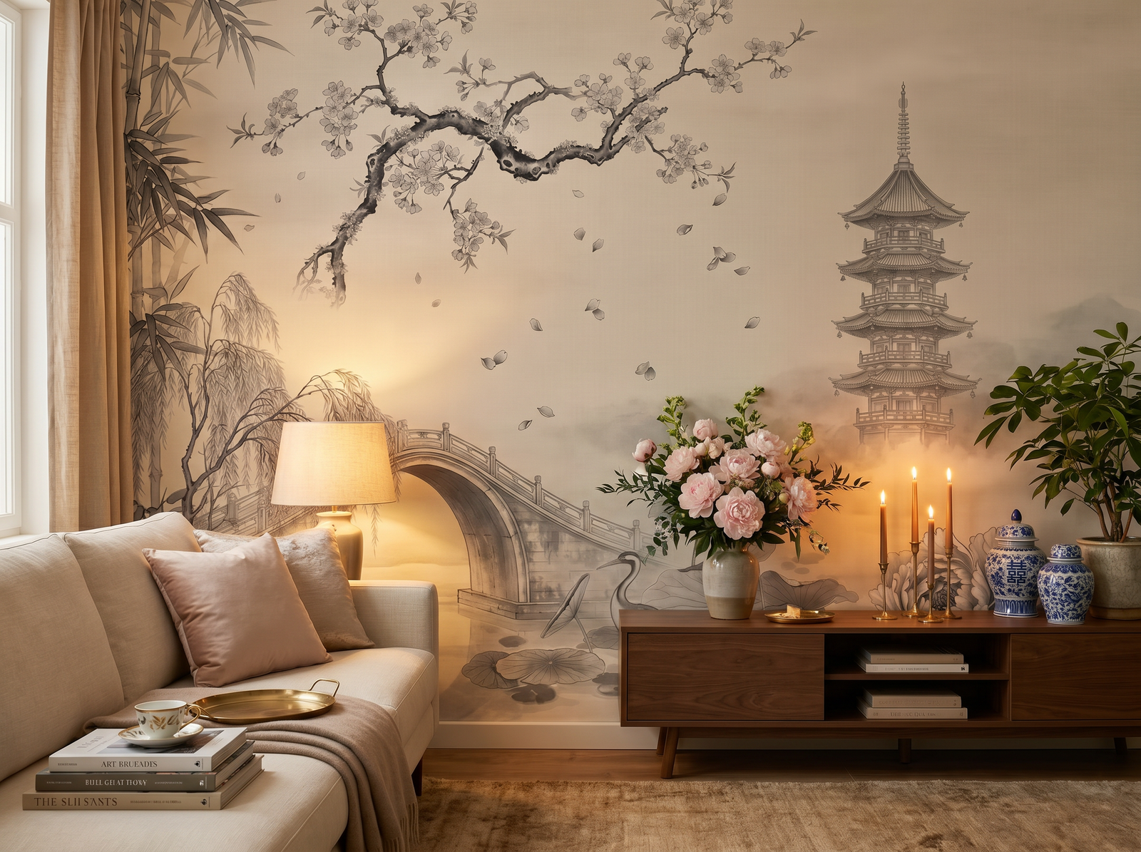 Grisaille Chinoiserie scenic wallpaper mural on the feature wall of a chinoiserie bedroom, in a soft grey palette — The Wall Shawl.