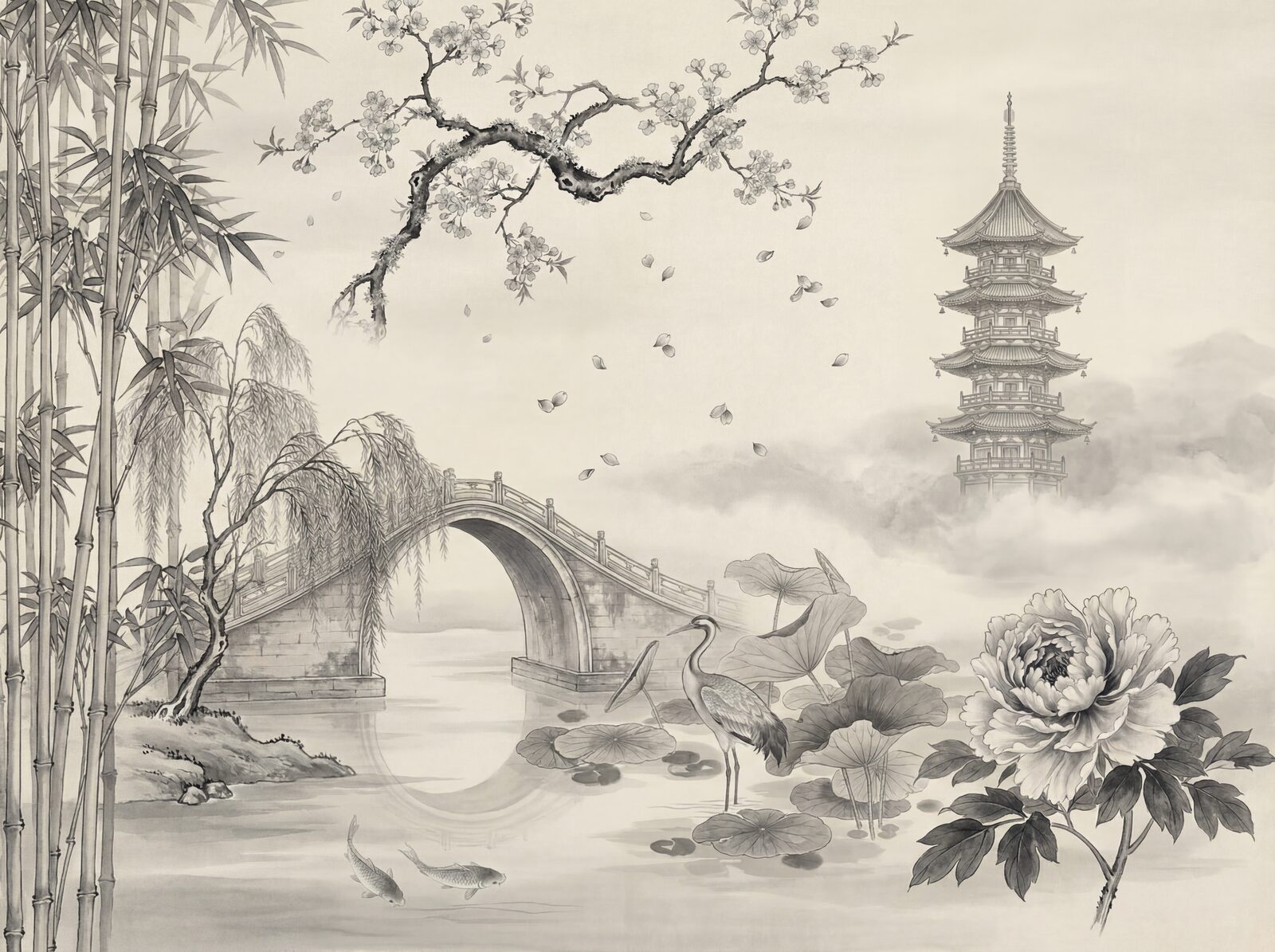 Ethereal grey chinoiserie landscape with Silk White, Silver, Pewter, Ink Grey, and Night Grey tones. Made to order.
