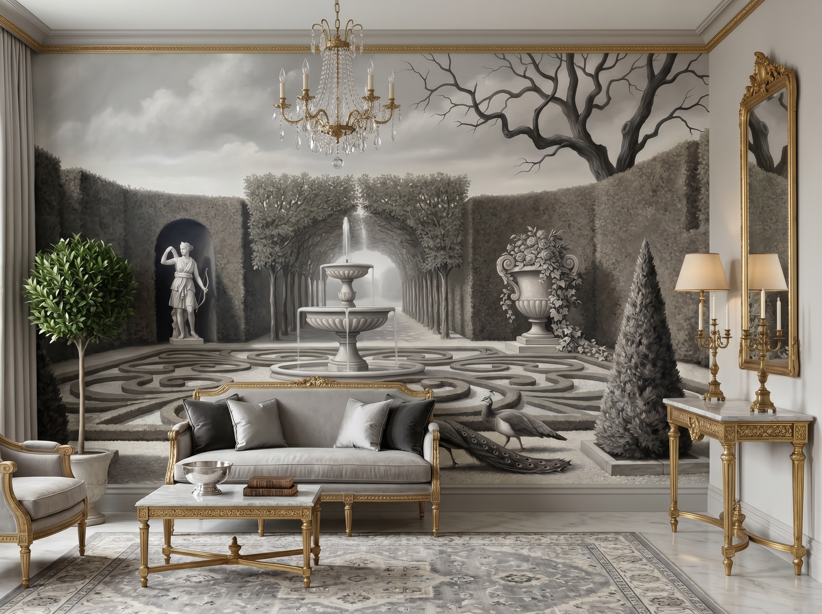 Grisaille Garden scenic wallpaper mural on the feature wall of an English-country living room, in a soft grey palette — The Wall Shawl.