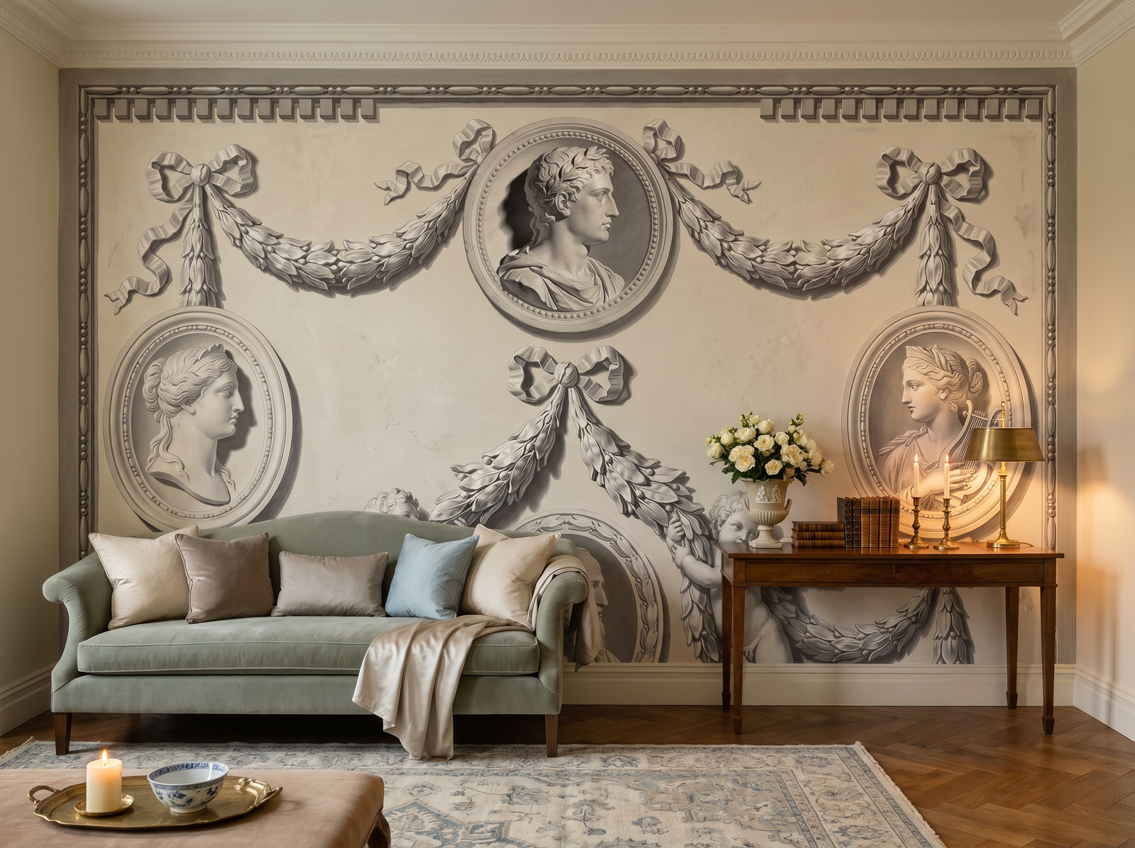 Grisaille Medallion wallpaper mural styled in a English Country Dining Room, Botanical, Neutrals (Warm) palette.