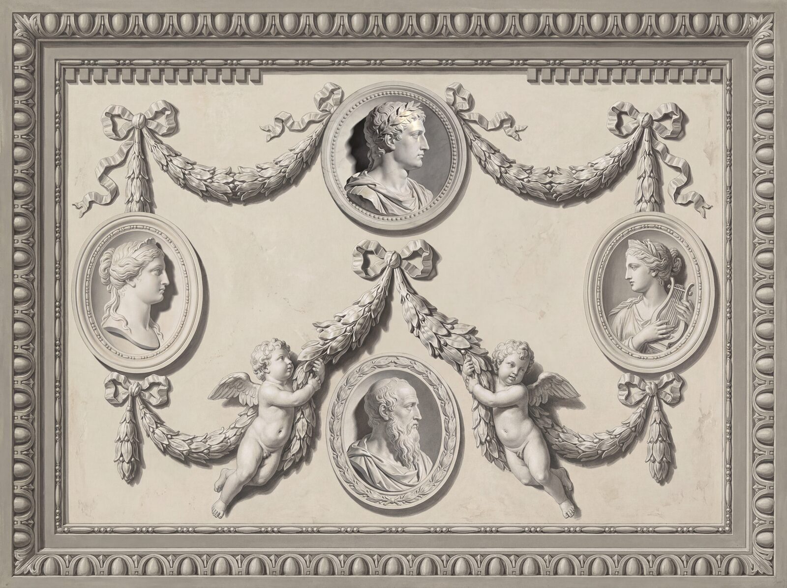 Step into a grand French interior with our Grisaille Medallion mural. Sculptural grey-on-cream tones create an illusion of carved relief. Made to order.