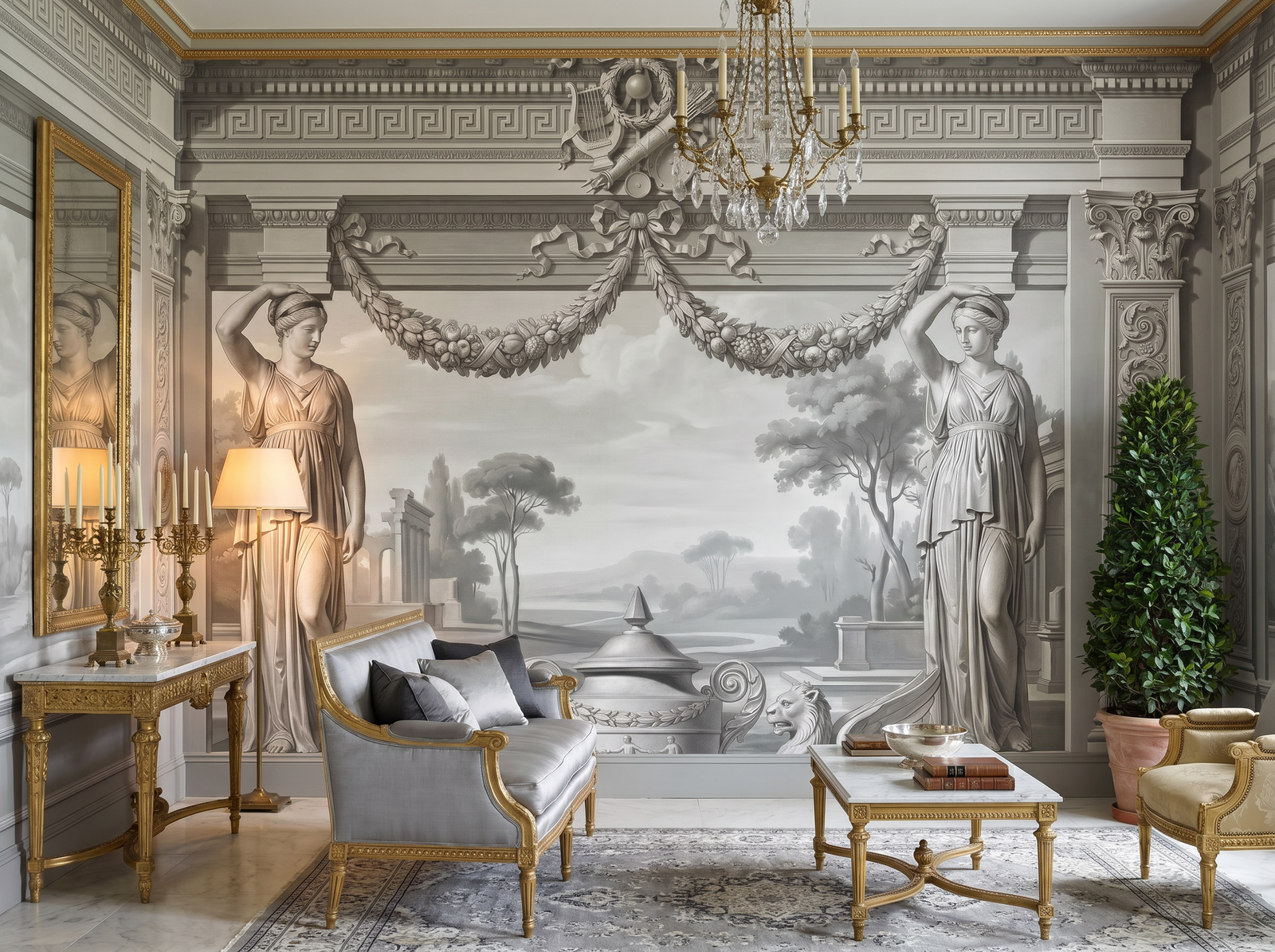 Grisaille Panels scenic wallpaper mural on the feature wall of a traditional entrance hall, in a soft grey palette — The Wall Shawl.