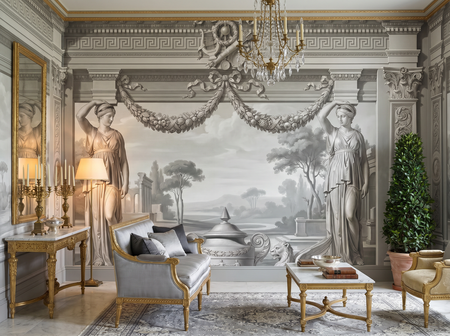Grisaille Panels scenic wallpaper mural on the feature wall of a traditional entrance hall, in a soft grey palette — The Wall Shawl.