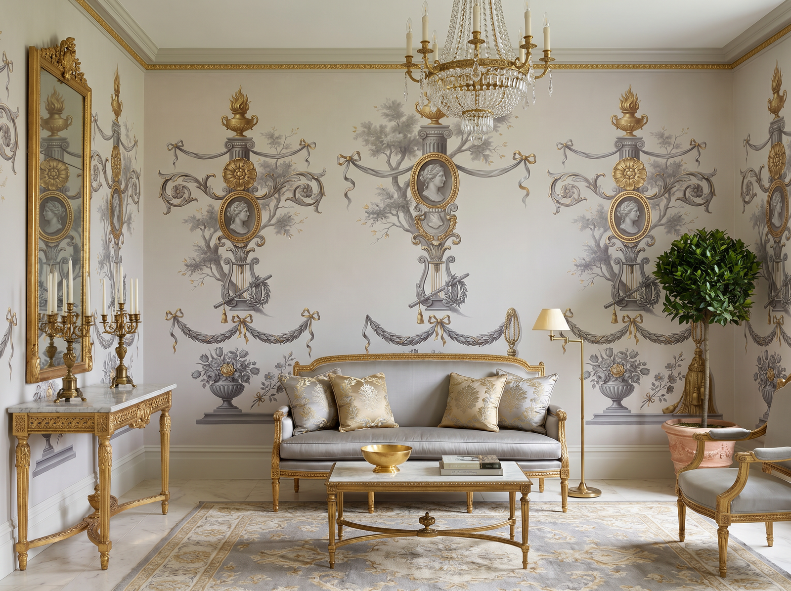 Grisaille with Gold scenic wallpaper mural on the feature wall of an English-country living room, in a warm neutral palette — The Wall Shawl.