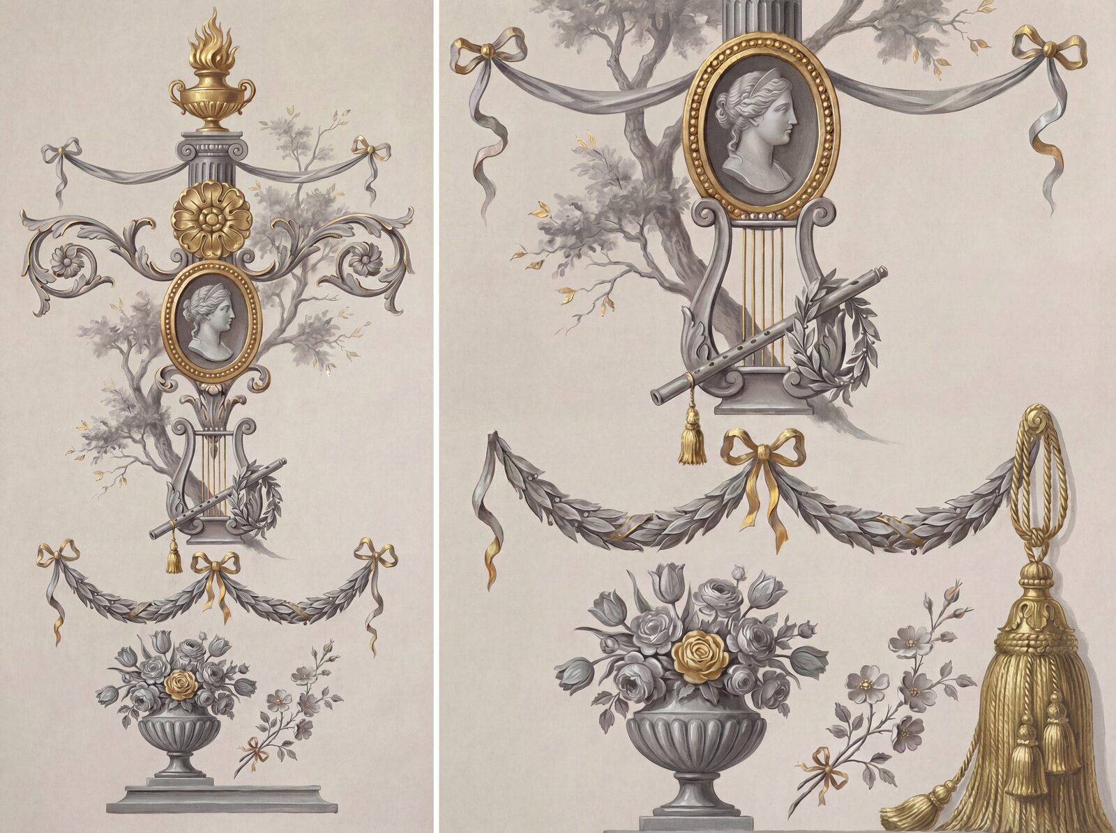 Luxury scenic mural wallpaper in grey and gold. Made to order.