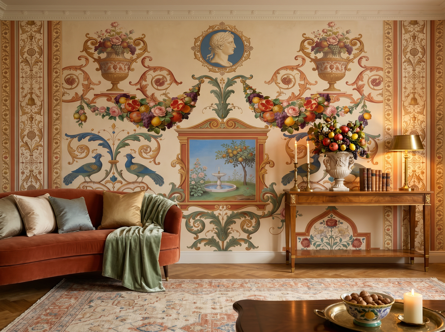 Grotesque Ornament scenic wallpaper mural on the feature wall of a Hollywood-Regency cloakroom, in a soft grey palette — The Wall Shawl.