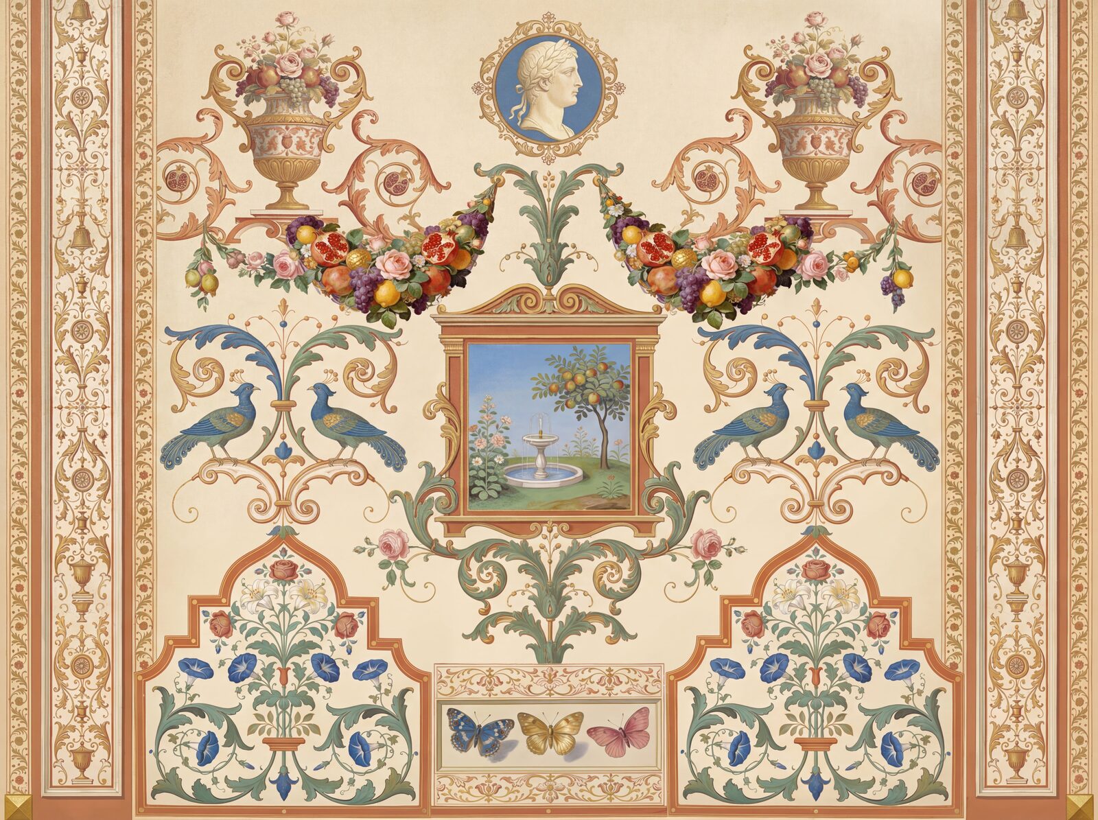 Discover Grotesque Ornament, a fantastical botanical mural wallpaper in parchment, terracotta, green and gold. Made to order.
