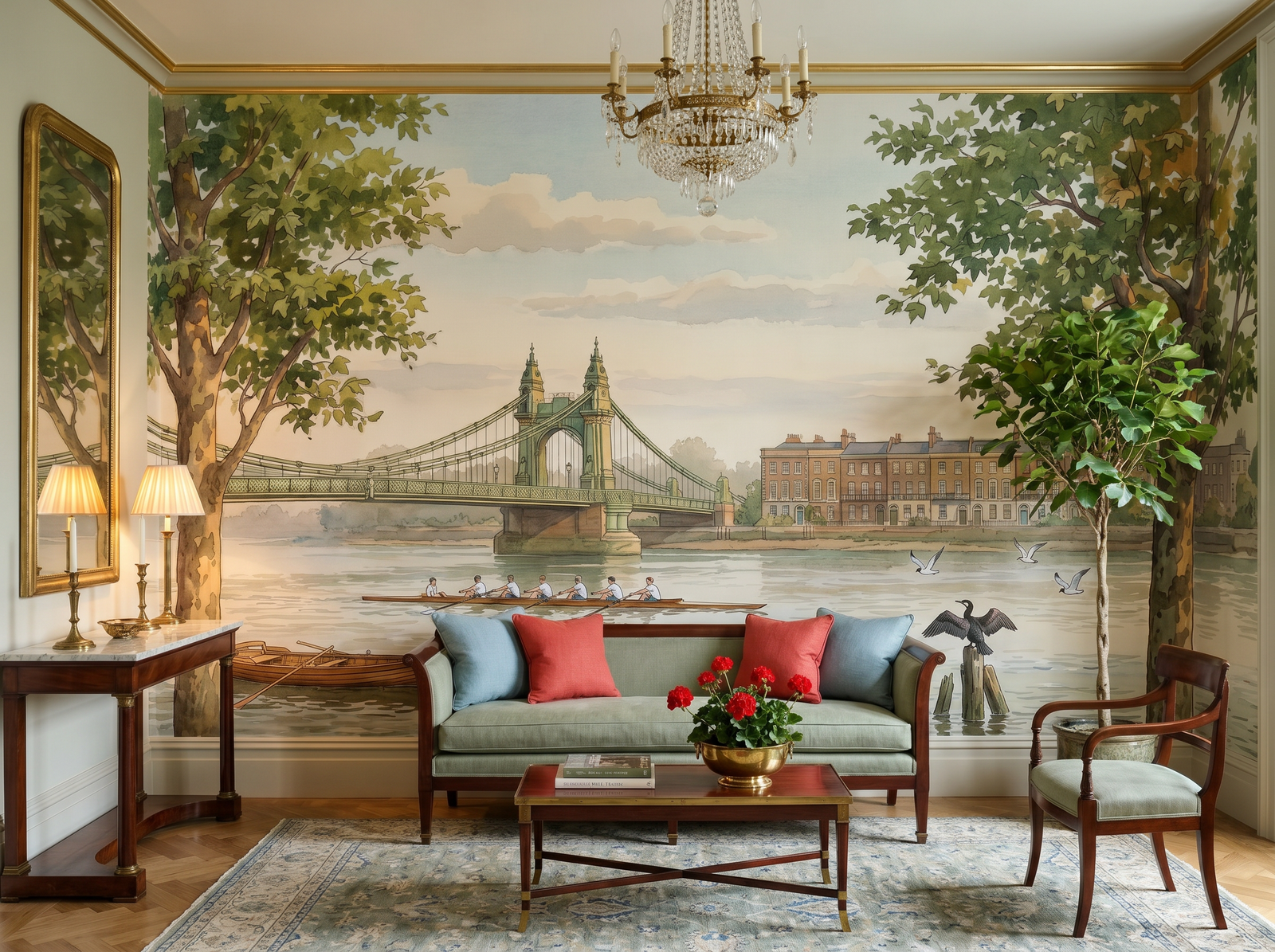 Hammersmith Terrace scenic wallpaper mural on the feature wall of a traditional living room, in a soft grey palette — The Wall Shawl.