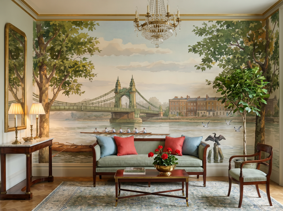 Hammersmith Terrace scenic wallpaper mural on the feature wall of a traditional living room, in a soft grey palette — The Wall Shawl.