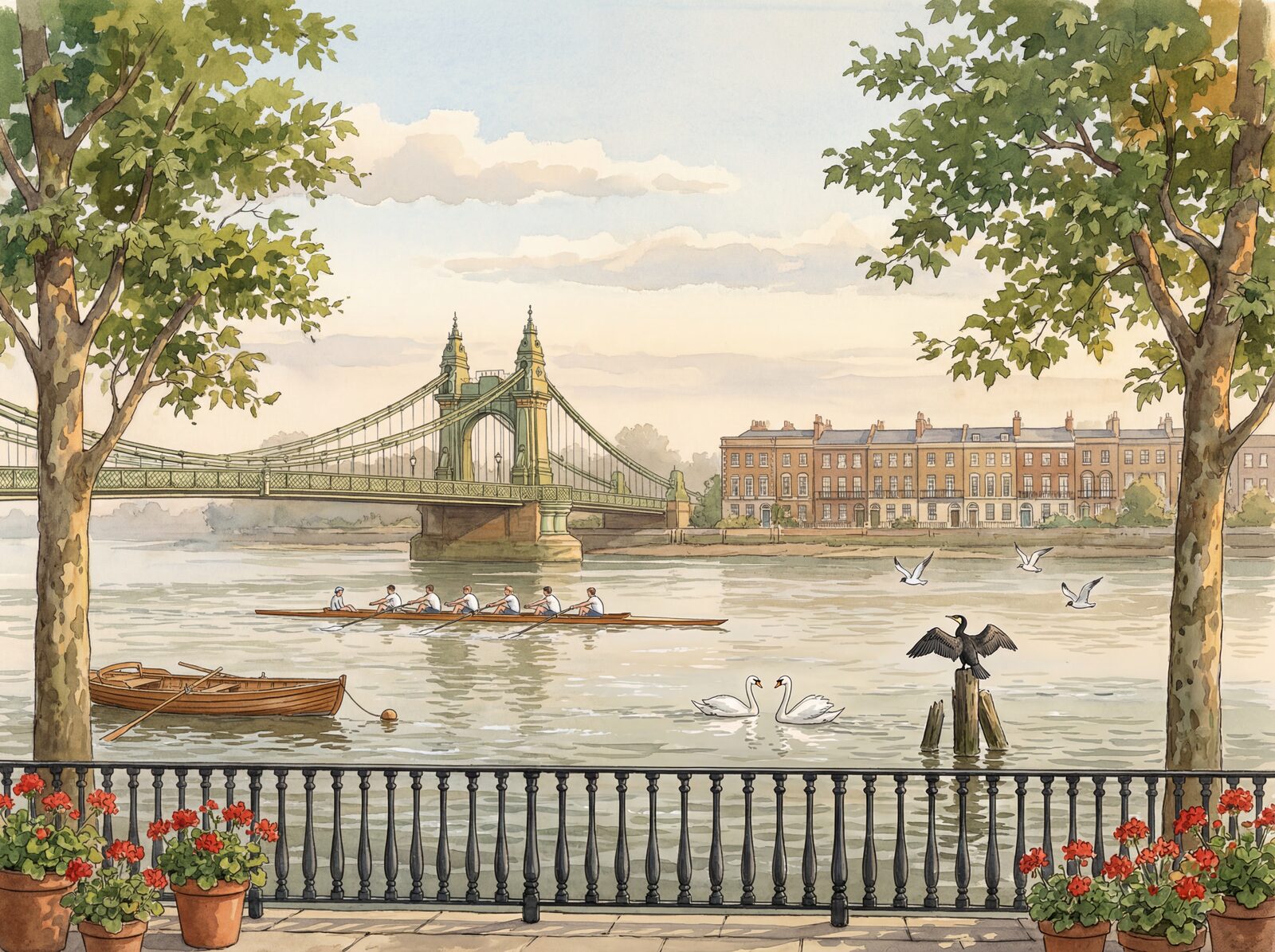 Scenic mural wallpaper with Bridge Stone, Plane Bark, and Terrace Green tones. Made to order.