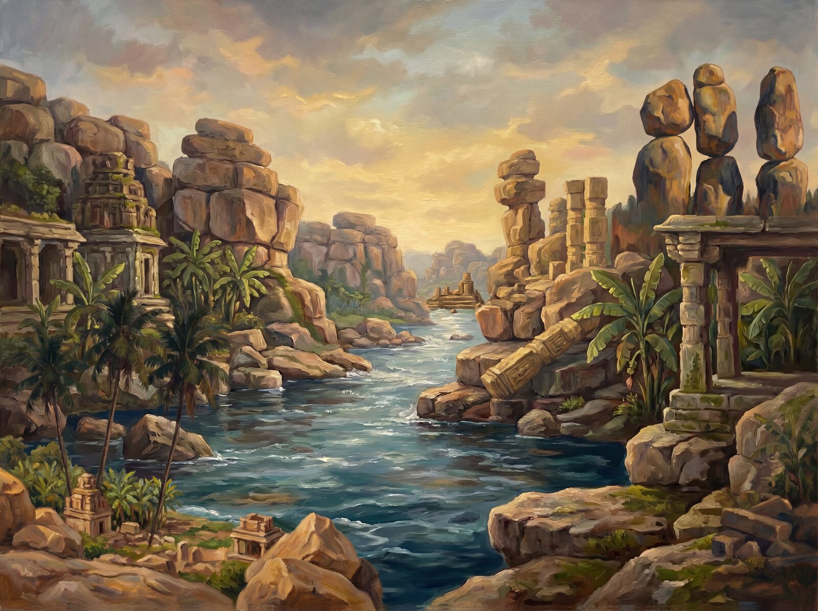 Scenic mural wallpaper featuring granite, warm stone, and palm green hues. Made to order.