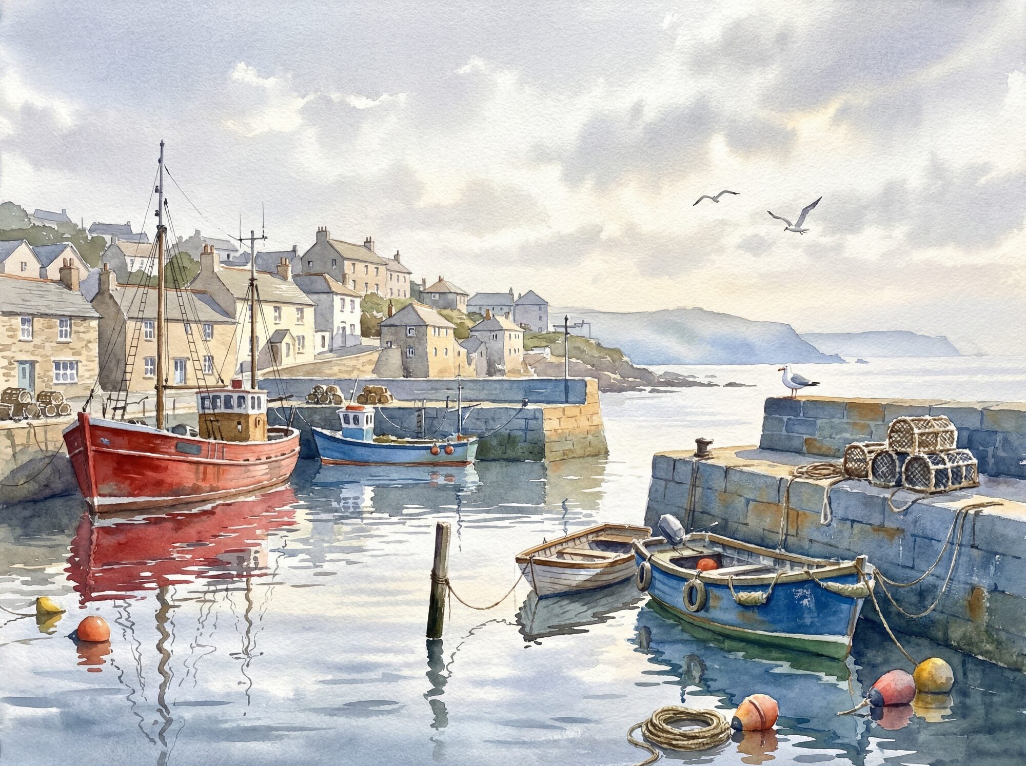 Cornish harbour watercolour mural wallpaper showing a red-hulled trawler and blue fishing boat on still pewter water, granite harbour walls with stacked lobster pots, a herring gull on the capstone, cream and grey stone cottages on the hillside and a pearlescent overcast dawn sky