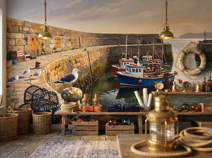 Harbour Wall scenic wallpaper mural on the feature wall of a coastal kitchen, in a soft grey palette — The Wall Shawl.