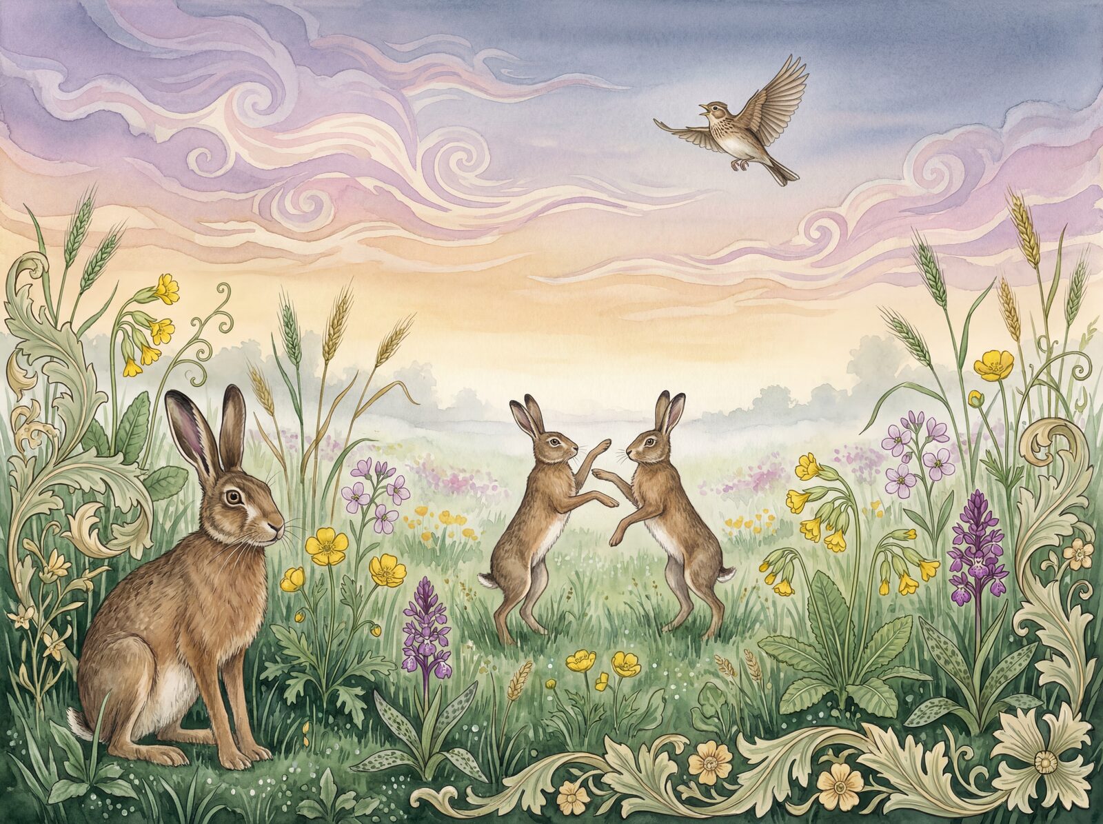 Intimate wildlife scene with brown hare, cowslips, and dawn light. Palette: Meadow Dark, Hare Tawny, Cowslip Yellow, Dew White. Made to order.
