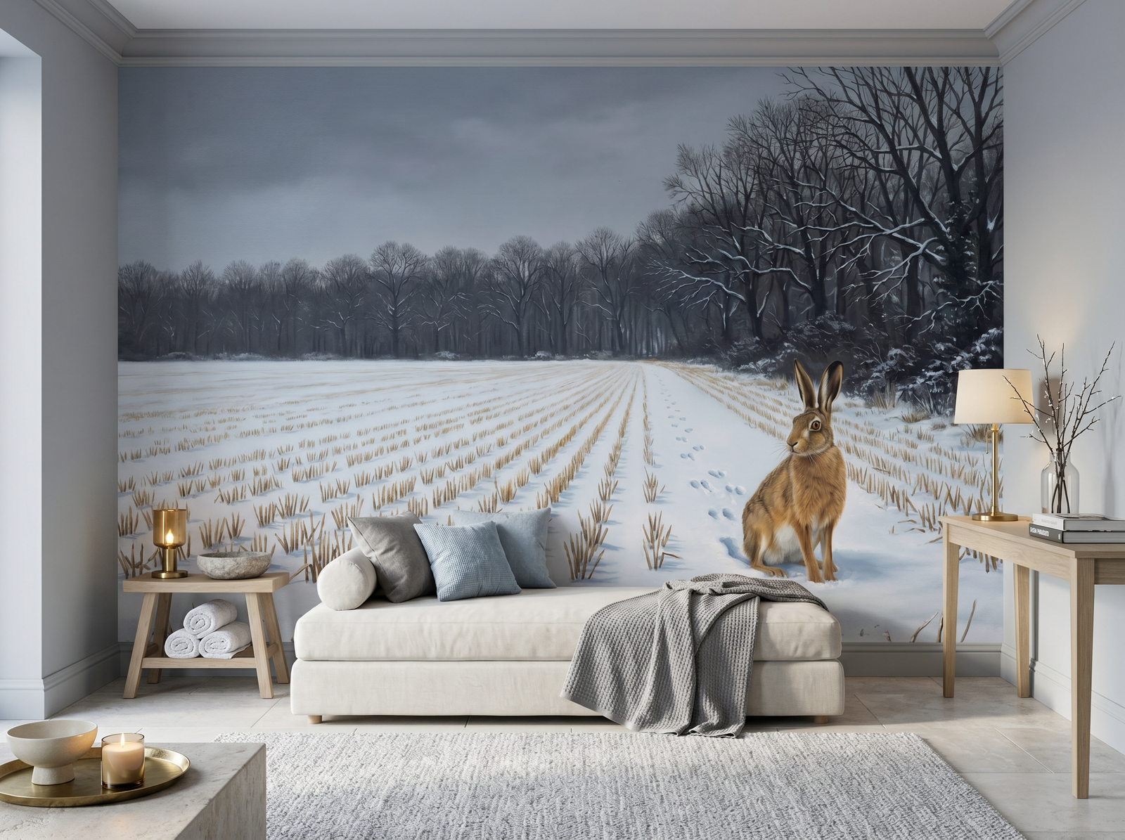 Hare in Snow scenic wallpaper mural on the feature wall of an English-country living room, in a soft grey palette — The Wall Shawl.