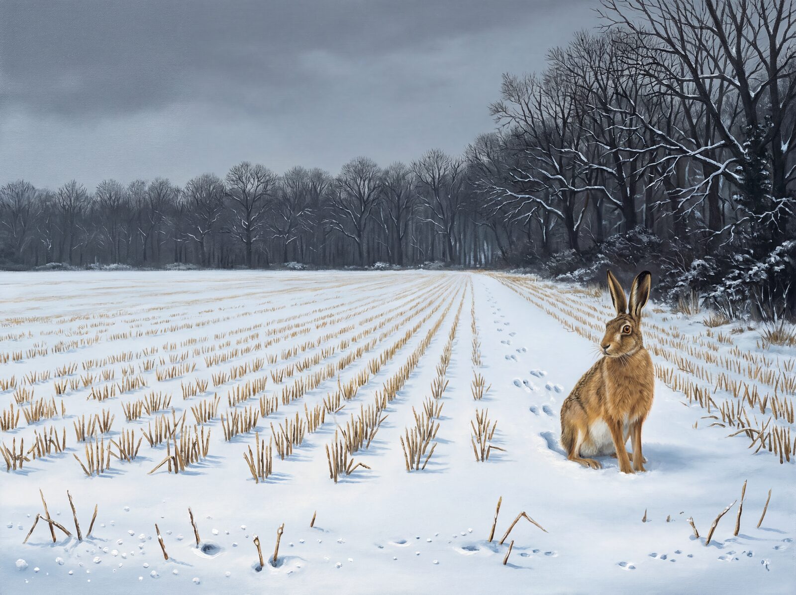 Wildlife mural with warm tawny-brown, pale golden, and blue-tinted white hues. Made to order.
