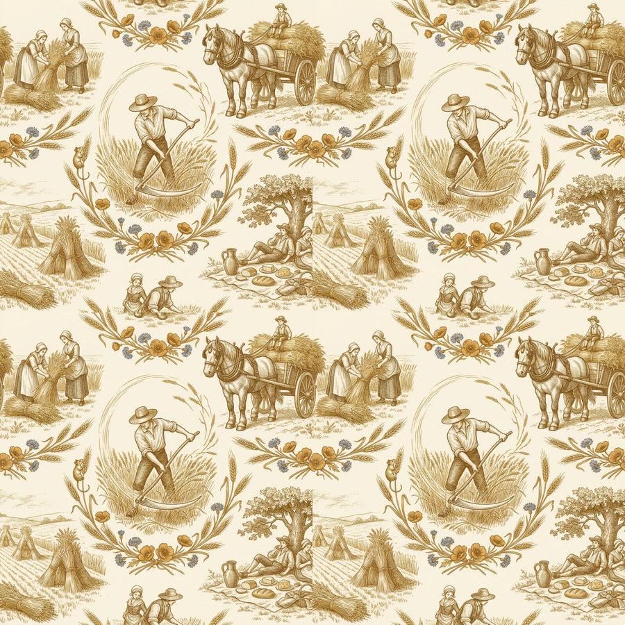 Experience the golden abundance of a summer harvest in this agricultural toile, rendered in warm ochre tones on French cream. Made to order.