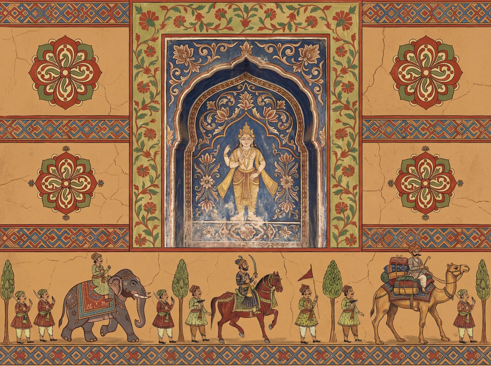 Vibrant fresco mural with earthy reds, ochres, and deep blues. Made to order.