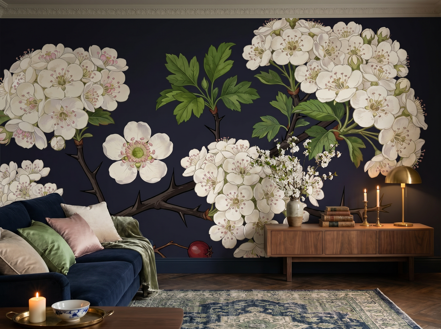 Hawthorn in Flower scenic wallpaper mural on the feature wall of an English-country entrance hall, in a moody black-and-charcoal palette — The Wall Shawl.