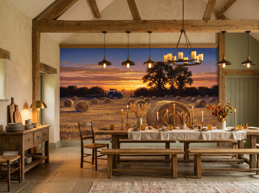 Hay Harvest scenic wallpaper mural on the feature wall of an English-country living room, in a golden yellow-and-ochre palette — The Wall Shawl.