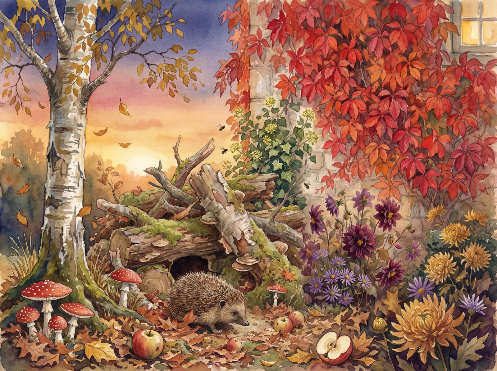 Scenic mural wallpaper in Hedgehog Spine, Apple Red, and Aster Purple. Made to order.