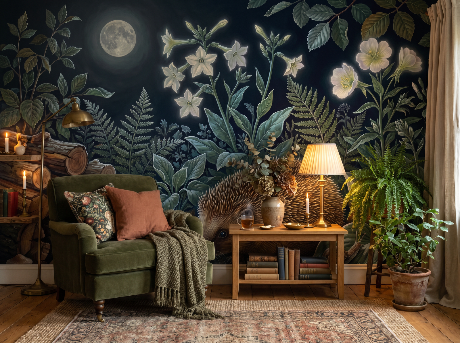 Hedgehog Garden wallpaper mural styled in a English Country Snug, Landscape / Scenic, Black / Charcoal palette.